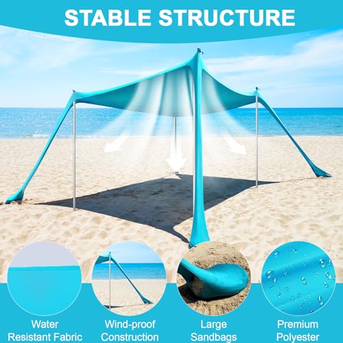 Beach Tent - 10 x 10 FT Beach Canopy, Outdoor Shade Canopy for Camping, Portable Beach Tent Sun Shelter UPF50 with 4 Sandbags, Anti-Wind Ropes, Ground Pegs and Stability Poles, Light Blue - style: 10*10 FT 4 Pole-Light Blue