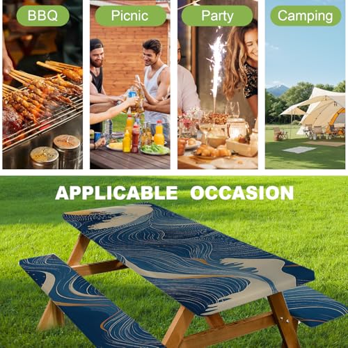 ANNA QUEEN Modern Abstract Art 6FT Picnic Table Cover with Bench Covers Set of 3 with Drawstring Bag, Blue Gold Lines 72"x30" Waterproof Picnic Tablecloth & Bench Covers for Patio Garden - color: #54