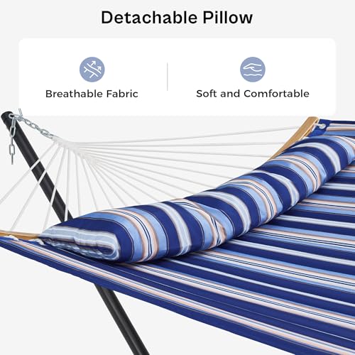 SUPERJARE Hammock with Stand, 2 Person Heavy Duty Hammock with Padded Cotton, Detachable Pillow & Strong Curved-Bar & Portable Carrying Bag, Perfect for Outdoor & Indoor, Navy Blue Stripe - color: Navy Blue Stripe
