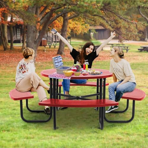 46-inch Red Round Outdoor Picnic Table with Umbrella Hole - Heavy Duty Coated Steel Metal Patio Dining Set for Garden, Courtyard, BBQ & Commercial Use - color: Red-round