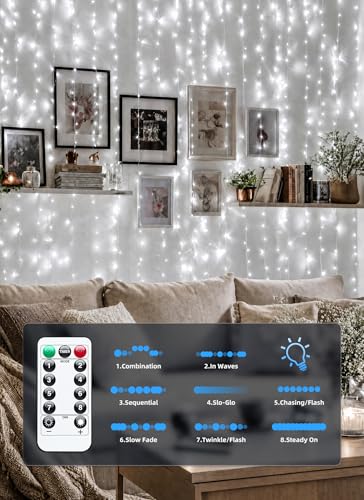 Brightown 300 LED Fairy Curtain Lights, 9.8ft x 9.8ft String Lights, USB Plug in 8 Lighting Modes Christmas String Hanging Lights with Remote for Bedroom Indoor Outdoor Party Xmas White 1 Pack - color: White, size: 1 Pack-300 LED