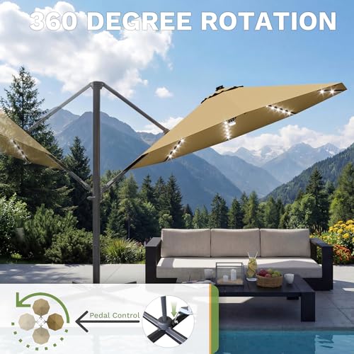 Patiowell 10 FT Patio Umbrella with Solar LED Light, Outdoor Cantilever Umbrella with 360 Degree Rotation, Outside Large Round Sun Umbrella with Frame for Backyard Garden Poolside, Brown - color: Brown with Light, size: 10 FT
