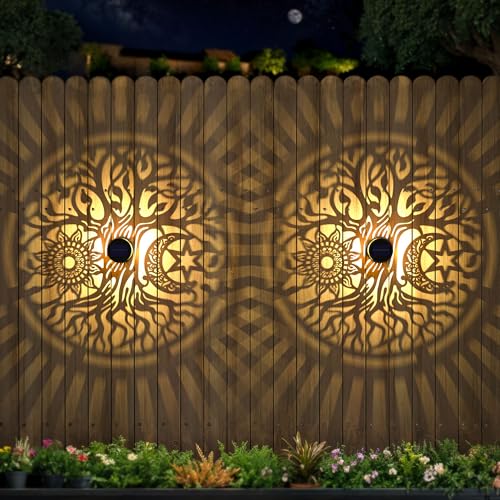 4 Pack Large Solar Fence Lights Metal Solar Powered Outdoor Wall Deck Step Lights Tree Theme Waterproof Fence Light for Garden Post Patio Backyard Yard Decor, Gardening Gifts for Women Mom Grandma - color: Tree-L, size: 4 Pack