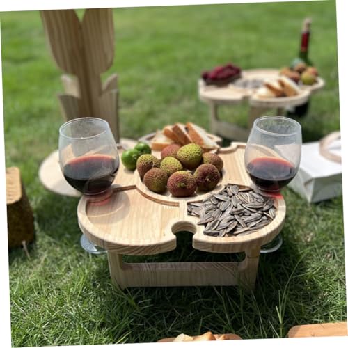 Ciieeo Portable Foldable Wood Wine Desk Outdoor Picnic Beverage Table Small Beach Camping Side Table with Tray 35cm Diameter for Travel BBQ and Lawn Use
