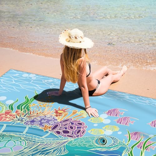 Beach Blanket Waterproof Sandproof Large Beach Mat 79" X 83" for 2-4 Adults Sand Free Mat Quick Drying,Lightweight & Durable with 4 Stakes & 4 Corner Pockets for Beach Travel Camping.(Sea Turtle) - color: Sea Turtle, size: 79" X 83"