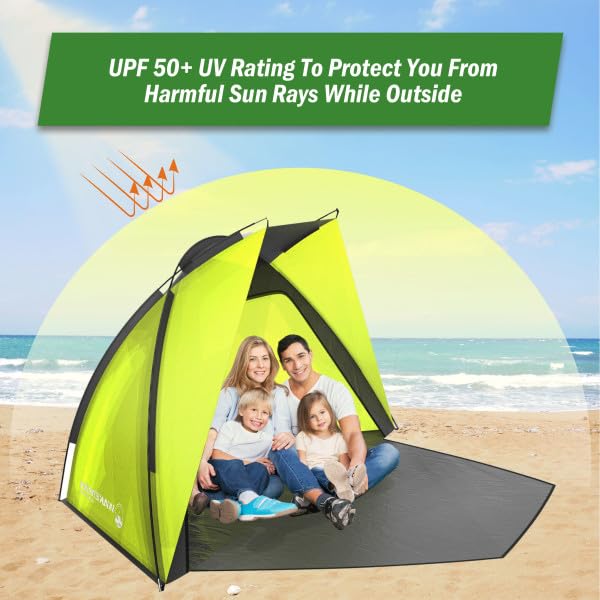 Beach Tent and Sun Shelter - Water and Wind-Resistant Shade Canopy for UV Protection - Easy Set-Up Tent with Carry Bag by Wakeman (Yellow)