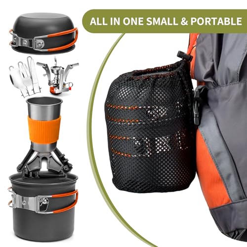 aiGear 8pcs Camping Cookware Mess Kit, Camping Pot and Pan Set with Mini Backpacking Stove, Stainless Steel Cup, Spork and Tank Bracket, Cooking Gear for Hiking Camping Outdoor Picnic - color: Orange