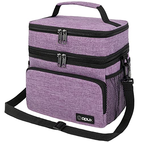 opux Insulated Lunch Bag for Men Women, Large Dual Compartment Cooler Bag, Soft Two Deck Lunch Box for Work School Picnic, Leakproof Lunch Tote with Shoulder Strap for Kid Adult (Purple, Double Deck) - color: Heather Purple, size: Double Deck