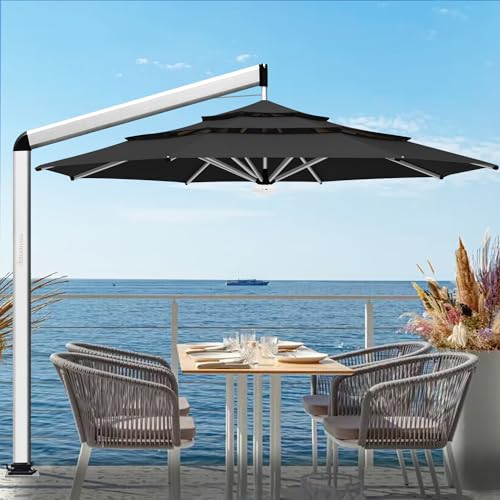 EliteShade USA Atlas 3-Tier 11FT Full Aluminum Cantilever Patio Umbrella for Outdoor restaurant Garden Courtyard Deck Pool and Marketing with Light,Black - color: Black, style: 11FT Atlas