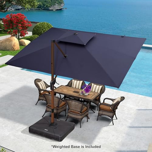 PURPLE LEAF 9' X 12' Double Top Deluxe Wood Pattern Rectangle Patio Umbrella with Base Offset Hanging Umbrella Outdoor Market Umbrella Garden Umbrella, Navy Blue - color: Navy Blue, size: 9'X12', style: Base Included