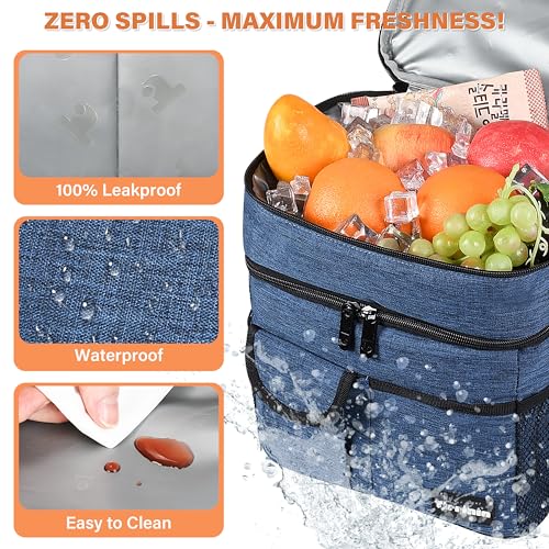 Tirrinia Large Insulated Lunch Box for Women Men, Double-Layer Leak-Proof Reusable Lunch Bag with 4 Pockets for Adult, Lunch Bag Cooler Tote for Office Work and Travel,Dark Blue - color: Dark Blue, size: Large Double Layer-17L