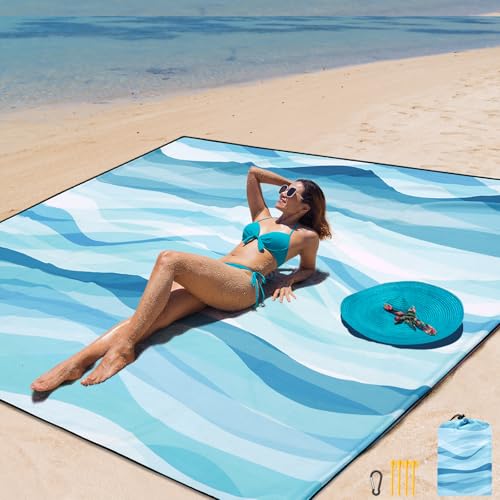 AISPARKY Beach Blanket Waterproof Sandproof Extra Large, Oversized Beach Mat, Quick Drying&Compact&Lightweight, Picnic Blankets Vacation Essentials for Outdoor Beach Camping (79" X 83" (4 Person)) - color: Blue - Ocean Waves, size: 6'11" x 6'7"