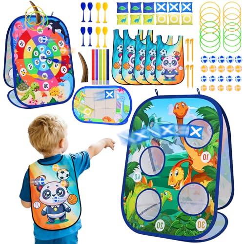 AOSITE Toddler Bean Bag Toss Game for Kids 3-8, 7-in-1 Outdoor Cornhole Board Set with Ring Toss, Sticky Balls Darts, Backyard Lawn Party Games, Birthday for Boys Girls with Storage Bag