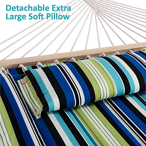 SUNCREAT Hammock with Stand 2 Person Heavy Duty, Freestanding Hammock with Spreader Bar, Soft Pillow, Green Stripes - color: Green&blue, size: 12 ft Stand