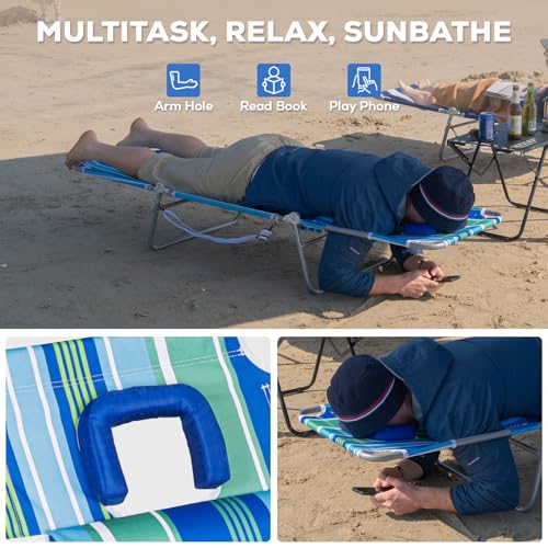 Romswi 2PK Folding Tanning Beach Chair with Face Hole, 5-Position Reclining Sun Lounger, Portable Face Down Tanning Chair with Arm Holes & Side Pocket for Beach, Pool, Patio, Teal and Aqua Stripe - color: Teal and Aqua Stripe, size: 2pcs
