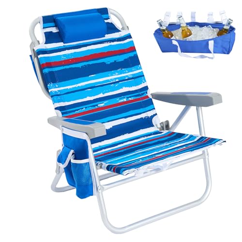 SUNNYFEEL Low Beach Chair 5 Position Lay Flat, Portable Folding Backpack Beach Chairs Heavy Duty with Cooler Bag, Cup Holder for Outdoor/Lawn/Picnic/Fishing, Foldable Camping Chair (New BlueStripe) - color: Blue Stripes, size: 1-pack