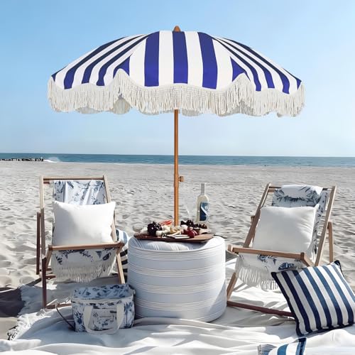 AMMSUN Boho Fringe Umbrella Outdoor Patio, 6.5ft UPF50+ Picnic Umbrella with Tassels with Steel Pole and Push Button Tilt, Navy Stripe - color: Navy Stripe