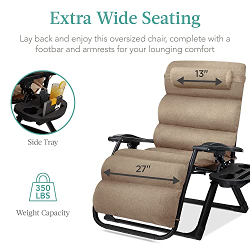Best Choice Products Oversized Zero Gravity Chair, Folding Outdoor Patio Recliner, XL Anti Gravity Lounger w/Removable Cushion, Cup Holder, Side Tray, 350lb Capacity - Wheat - color: Wheat