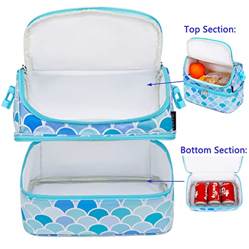FlowFly Double Decker Cooler Insulated Lunch Bag Large Tote for Boys, Girls, Men, Women, With Adjustable Strap (Mermaid) - color: Mermaid