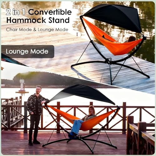 Portable Outdoor Hammock with Quick-Fold Stand,Adjustable Sunshade,Waterproof & UV-Resistant,Heavy-Duty 550lb Capacity,Travel 2-Person Hammock with Storage Bag for Camping,Backyard,Beach,Patio,Indoor - color: Orange