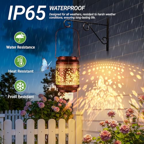 KOOPER 2 Pack Solar Lanterns Outdoor Waterproof Mothers Day Gifts for Women Mom Grandma, Metal Butterfly and Rose Hanging Solar Lantern Outdoor, 2 Modes Outdoor Decoration for Yard, Patio, Garden - size: Bronze, style: Butterflies