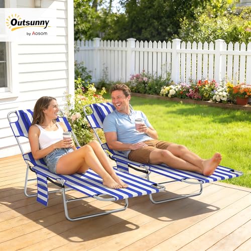 Outsunny Chaise Lounge Chair Outdoor Set of 2 with Face Arm Hole, 5-Position Reclining Face Down Tanning Chair with Carry Strap, Side Pocket, Portable Folding Bed Cot for Patio Beach Pool, Blue Stripe - color: Blue Stripe, size: 2 Pieces