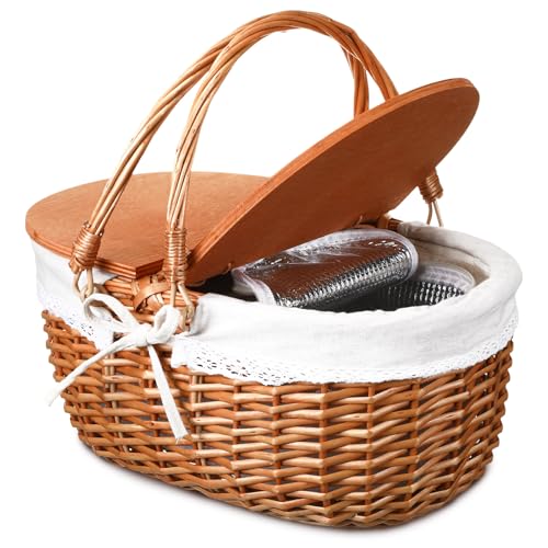 DoubleFill Wicker Insulated Picnic Basket with Lid Wicker Picnic Basket with Folding Handles and Insulated Cooler Bag for Camping Outdoor Easter Valentine Birthday Gift(White) - color: White