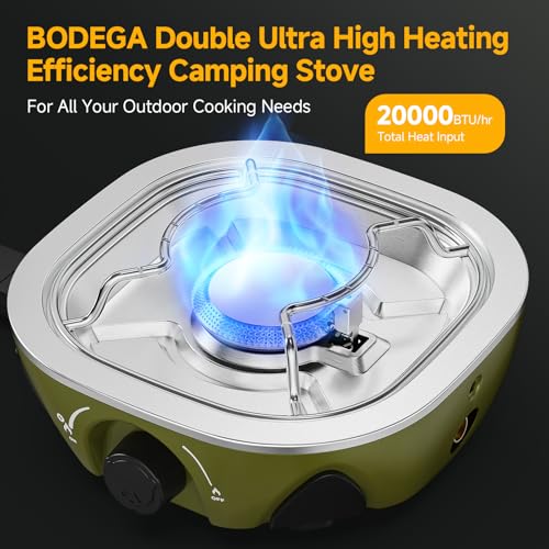 BODEGA 2 Burner Camping Stove,20000 BTU Folding Propane Camp Stove with Pressure Adjustable Burners,Wind-Resistant Dual Gas Stoves with Portable Handle&Bag&GrillPan for Camping,BBQ,RVs,Tailgating - size: With Frying Pan