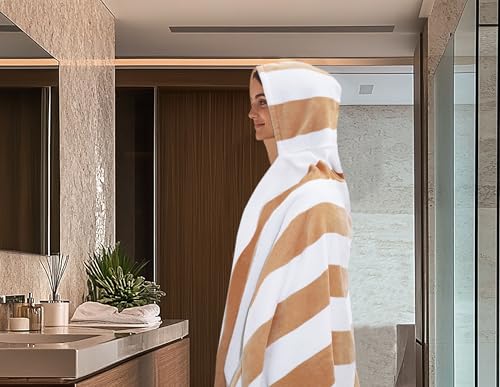 COTTON CRAFT Hooded Beach Towel – Oversized 39 x 68 Towel with Hood for Adults - 100% Ringspun Cotton Velour Terry Towel - 450 GSM Super Soft Plush Absorbent Quick Dry Bath Wrap – Cabana Stripe Linen - color: Cabana Stripe - Linen, size: 1 Pack - 39x68 Ho