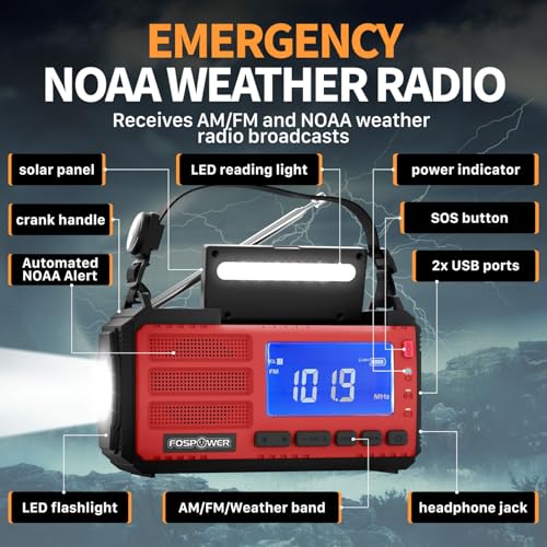 FosPower NOAA Emergency Weather Radio D8 37000mWh Portable Power Bank, AM/FM, USB/Solar/Hand Crank Charging, SOS Alarm & Flashlight for Indoor/Outdoor Emergency - Red - color: 09 - Model D8 - Red