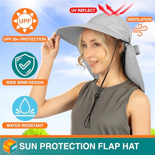 SUN CUBE Wide Brim Sun Hat with Neck Flap, UPF50+ Hiking Safari Fishing Hat for Men Women, Sun Protection Beach Hat - color: Light Grey With Bow