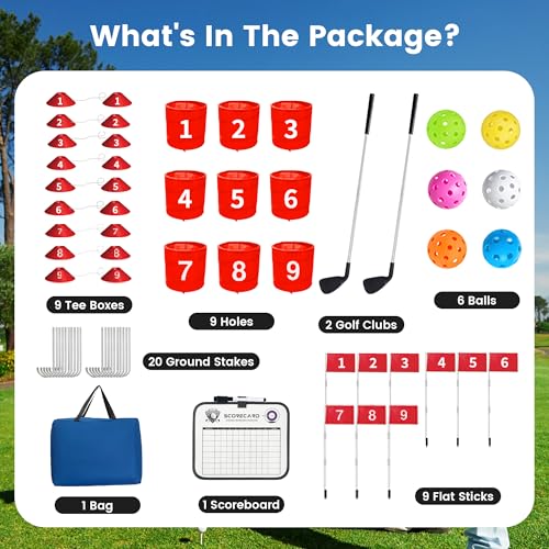 Golf Bucket Yard Game 9-Hole Set with 2 Clubs, Portable Outdoor Yard Game for Family and Adults, Golf Chipping Games Practice Games for Lawn, Beach, Camping, Park