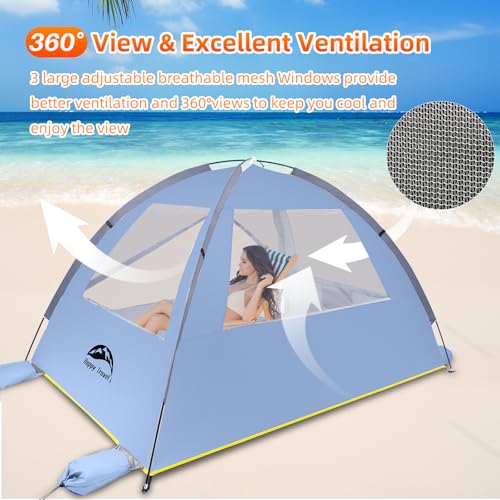 Happy Travel Beach Tent Sun Shelter for 3/4/5/6/7/8 Person, Portable UPF 50+ UV Protection Beach Shade Canopy for Family & Baby, Lightweight & Easy Setup Beach Cabana with 3 Ventilation Mesh Windows - color: Airy Blue, size: 3 Person