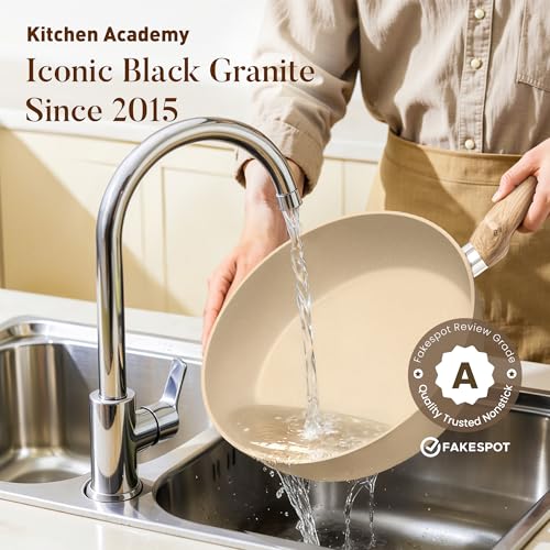 Kitchen Academy 12-Piece Induction Cookware Set, Nonstick Granite Pots and Pans in Beige - color: Beige, size: 12 PCS Cookware Set
