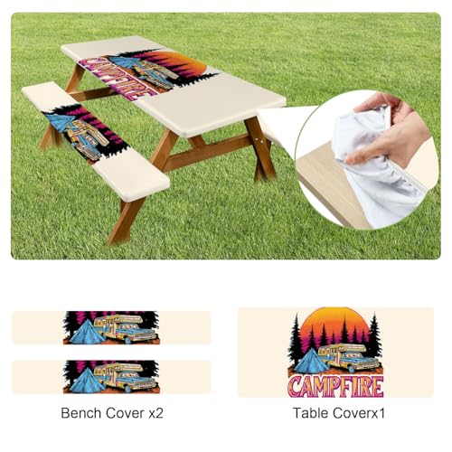 ANNA QUEEN Retro Camping Adventure 6FT Picnic Table Cover with Bench Covers Set of 3 with Drawstring Bag, Vintage Camper 72"x30" Waterproof Picnic Tablecloth & Bench Covers - color: #55