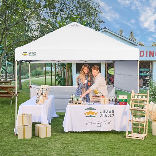 CROWN SHADES 10x10 Pop up Canopy Tent Instant Canopy with 150D Silver Coated Fabric Including 2 Half Sidewalls, 4 Ropes, 8 Stakes, 4 Weight Bags, STO 'N Go Bag, Grid White - color: Grid White