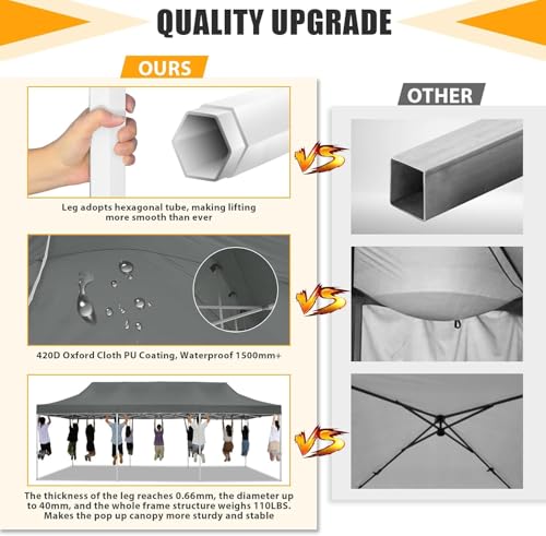 HOTEEL Tents for Parties 10x30 Pop Up Canopy Tent Heavy Duty with 8 Sidewalls, Commercial Party Tent Event Wedding Instant Canopy Waterproof with Carry Bag, UV 50+, Thicked Hexagonal Legs, Grey - color: Gray, size: 10x30FT (+8 Walls)