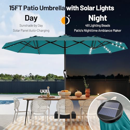AreShark 15FT Patio Umbrella with Solar Lights, Double Sided Outdoor Table Umbrellas with Crank, Large Rectangular Market Umbrella for Porch, Lawn, Pool, Backyard, Lake Blue - color: Lake Blue, size: 9x15 Ft
