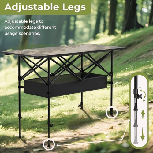 4FT Folding Camping Table,Portable Roll-up Picnic Table with Carry Bag & Mesh Storage,Lightweight Camp Table for Camping,Picnic,Backyard,Party,Patio,BBQ