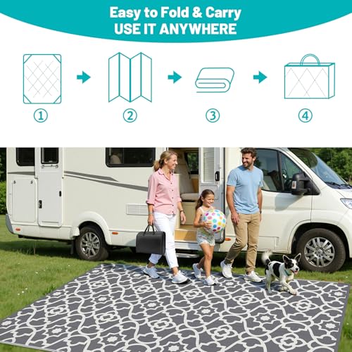 HEBE Outdoor Rug Waterproof 9x12, Plastic Straw Rug Camping Rug, Reversible Outdoor Patio Rugs RV Mat Clearance, Indoor Outside Floor Carpet for Porch,Deck,Camper,Balcony,Backyard - color: Grey, size: 9' x 12' (Rectangular)