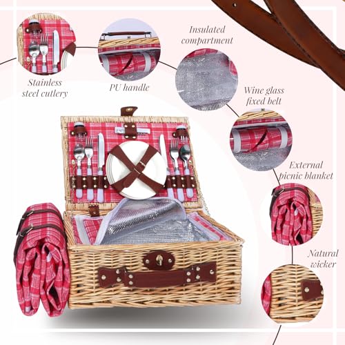 Picnic Baskets Wicker Willow Picnic Set for 4 Persons with Insulated Cooler Bag and Waterproof Pink Plaid Picnic Blanket Gift for Christmas Thanksgiving Wedding Birthday Camp Outdoor Beach Travel - color: Vintage Pink Red