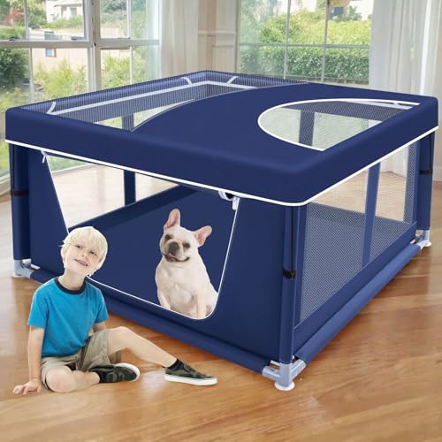 XVISHX 42x42 Inch Puppy Playpen with Cover, Dog Playpen for Puppies or Small Dogs, Pet Fence for Indoor & Outdoor, Sturdy Safety DogPen with Thickened Fabric, High-Strength Nylon Wire Mesh, Blue - style: 42x42 IN With Cover