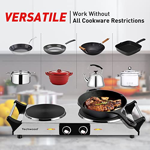 Hot Plate, Techwood 1800W Portable Electric Stove for Cooking Countertop Dual Burners with Adjustable Temperature & Handles, 7.5” Cooktop for Home/RV/Camp, Compatible for All Cookwares, Silver - color: Silver, size: Double Burner