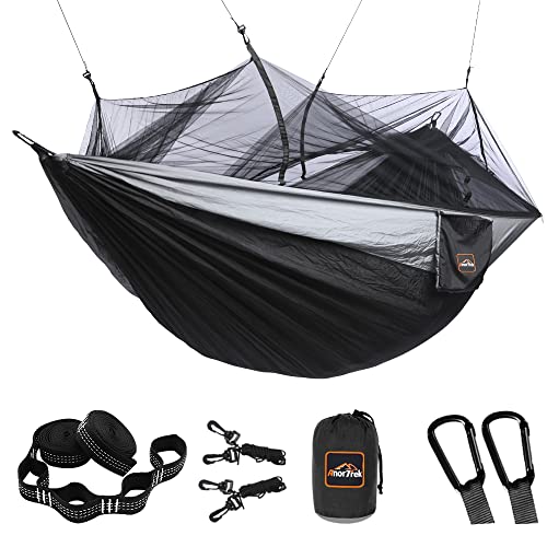 AnorTrek Camping Hammock with Mosquito Net, Double & Single Lightweight Portable Hammocks with Tree Straps, Parachute Hammock for Camping, Backpacking - color: Black&gray, size: Single 102"L x 55"W