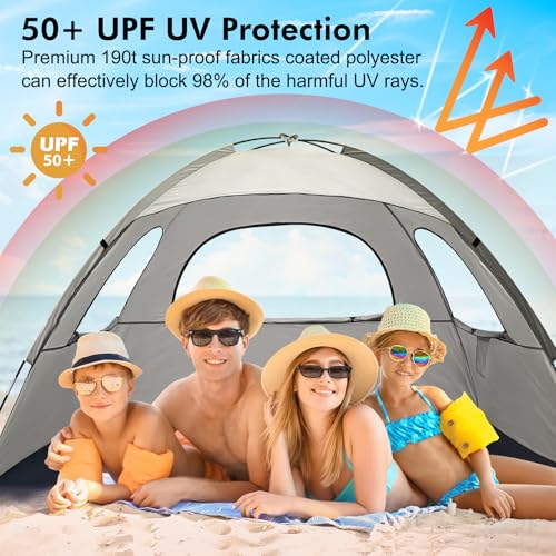 WhiteFang Beach Tent Anti-UV Portable Sun Shade Shelter for 3/4/6/8 Person, Extendable Floor with 3 Ventilating Mesh Windows Plus Carrying Bag, Stakes and Guy Lines - color: Baby's Breath, size: 4 Person