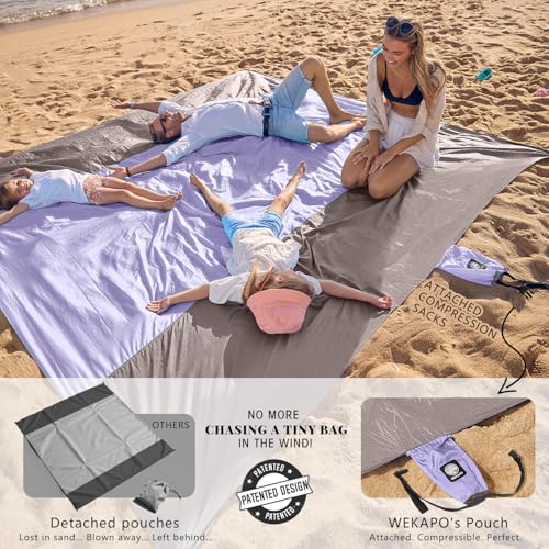 WEKAPO Beach Blanket Sandproof Waterproof, Extra Large Beach Mat, Oversized & Compact Sand Free, Quick Drying Beach Essentials for Vacation, Cruise, Picnic & Camping with Stakes - color: Purple, size: 9x7 FT (1～5 person)