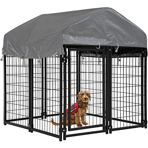 PayLessHere Welded Wire Dog Kennel Heavy Duty Playpen Included a Roof & Water-Resistant Cover Outdoor Heavy Duty Galvanized Metal Animal Pet Enclosure for Outside (4 x 4 x 4.3 Ft) - size: 47.0"L x 47.0"W x 53.0"H