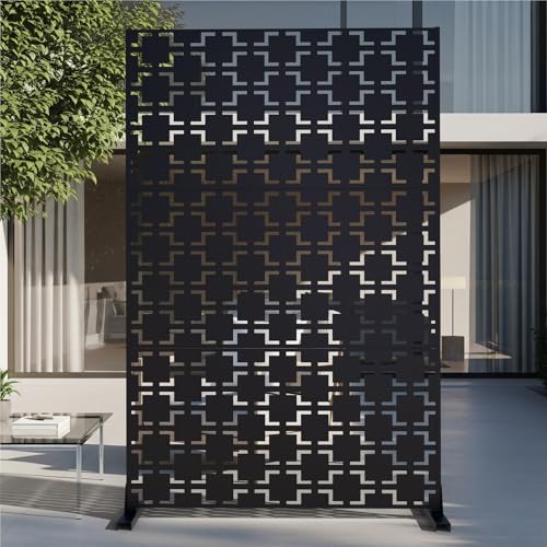 72" Metal Privacy Screen Freestanding Outdoor Room Divider Decorative Laser Cut Fence Panel, Weatherproof Patio Privacy Fence for Garden, Balcony, Backyard Landscape - color: Black