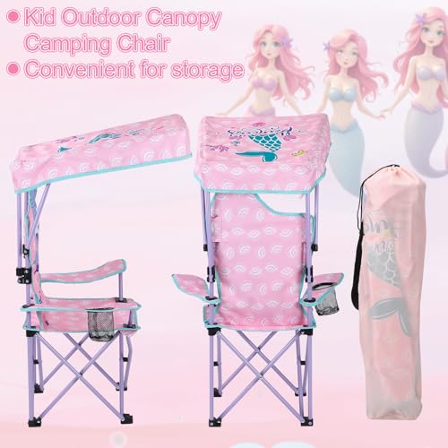 KABOER Kids Outdoor Folding Lawn and Camping Chair with Cup Holder and Carrying Bag, Children's Camping Chairs - color: Mermaid With Canopy