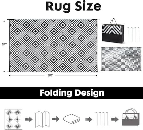 HERMOCE Waterproof Outdoor Rug 5x8 ft, Plastic Straw Patio Rugs Reversible, Patio Decor for Deck, Backyard, RV, Camping - Easy Clean Fade Resistant, Black & White - color: Black&white-h